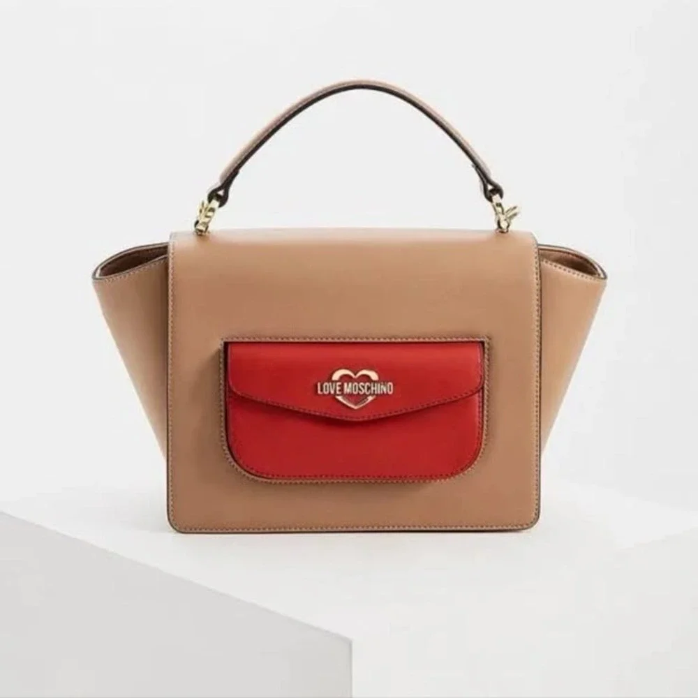 Love Moschino Tan Beige Brown Red Gold Top Handle Handbag Crossbody NWT